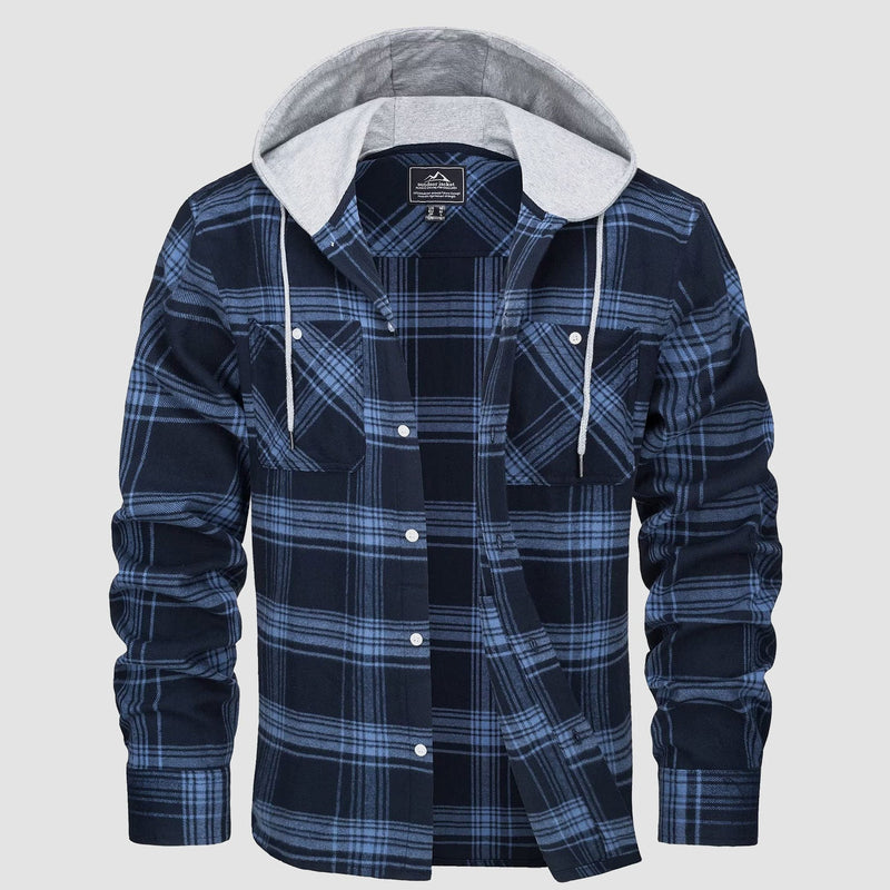 Men's Flannel Shirt Jacket with Hood - Long Sleeve Cotton Plaid Style 5