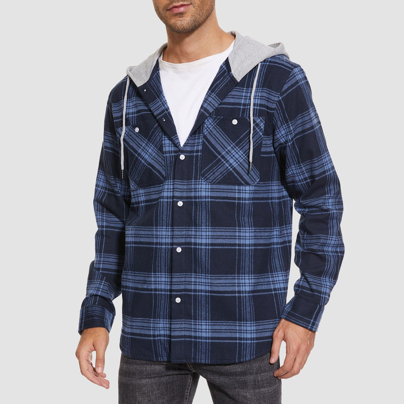 Men's Flannel Shirt Jacket with Hood - Long Sleeve Cotton Plaid Style 6