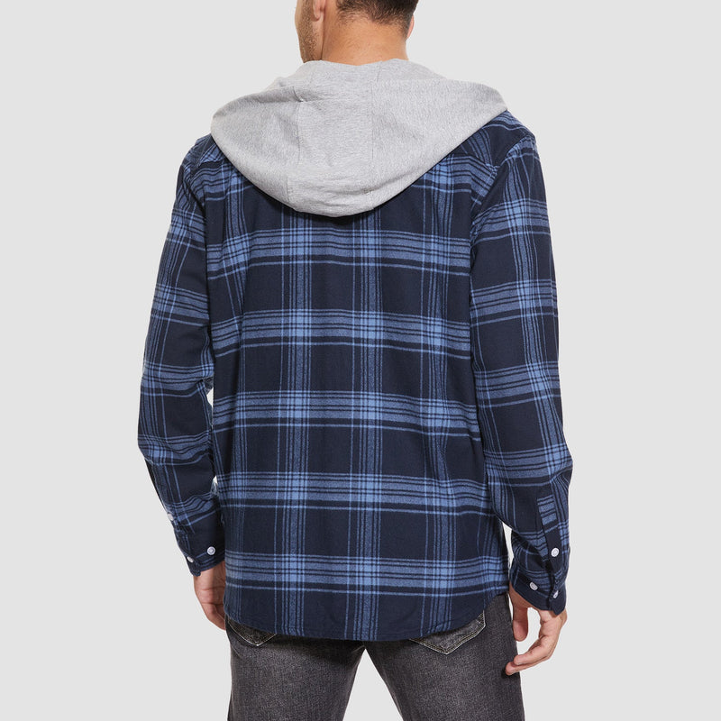 Men's Flannel Shirt Jacket with Hood - Long Sleeve Cotton Plaid Style 7
