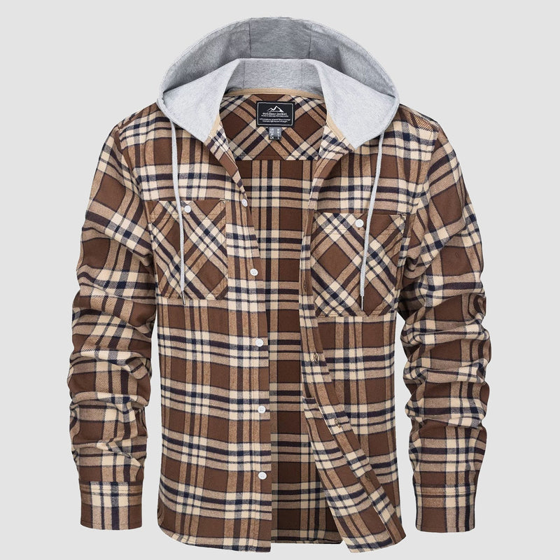 Men's Flannel Shirt Jacket with Hood - Long Sleeve Cotton Plaid Style 8