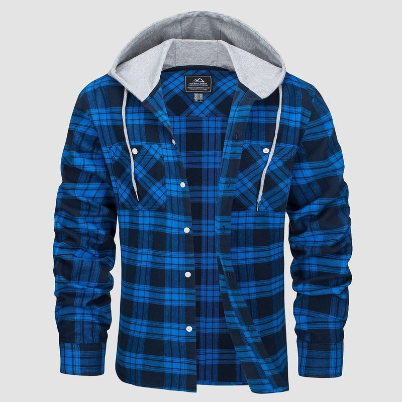 Men's Flannel Shirt Jacket with Hood - Long Sleeve Cotton Plaid Style 9