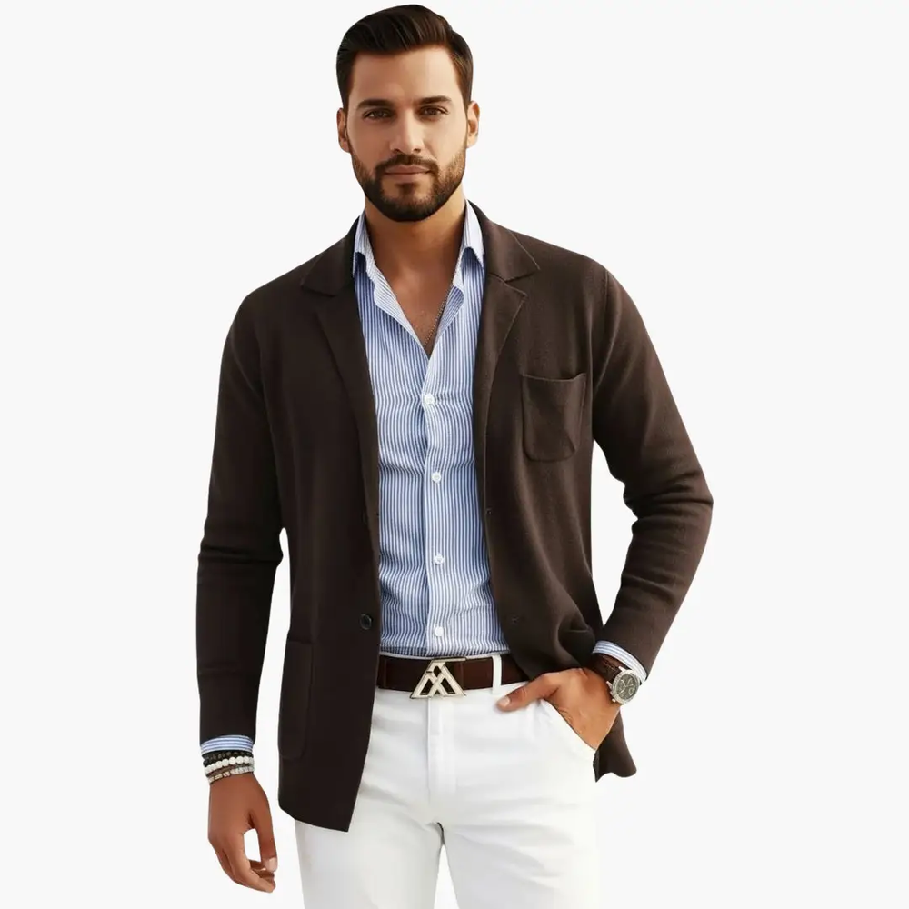 Men's Knit Blazer – Lapel Collar, Front Closure & Long Sleeve