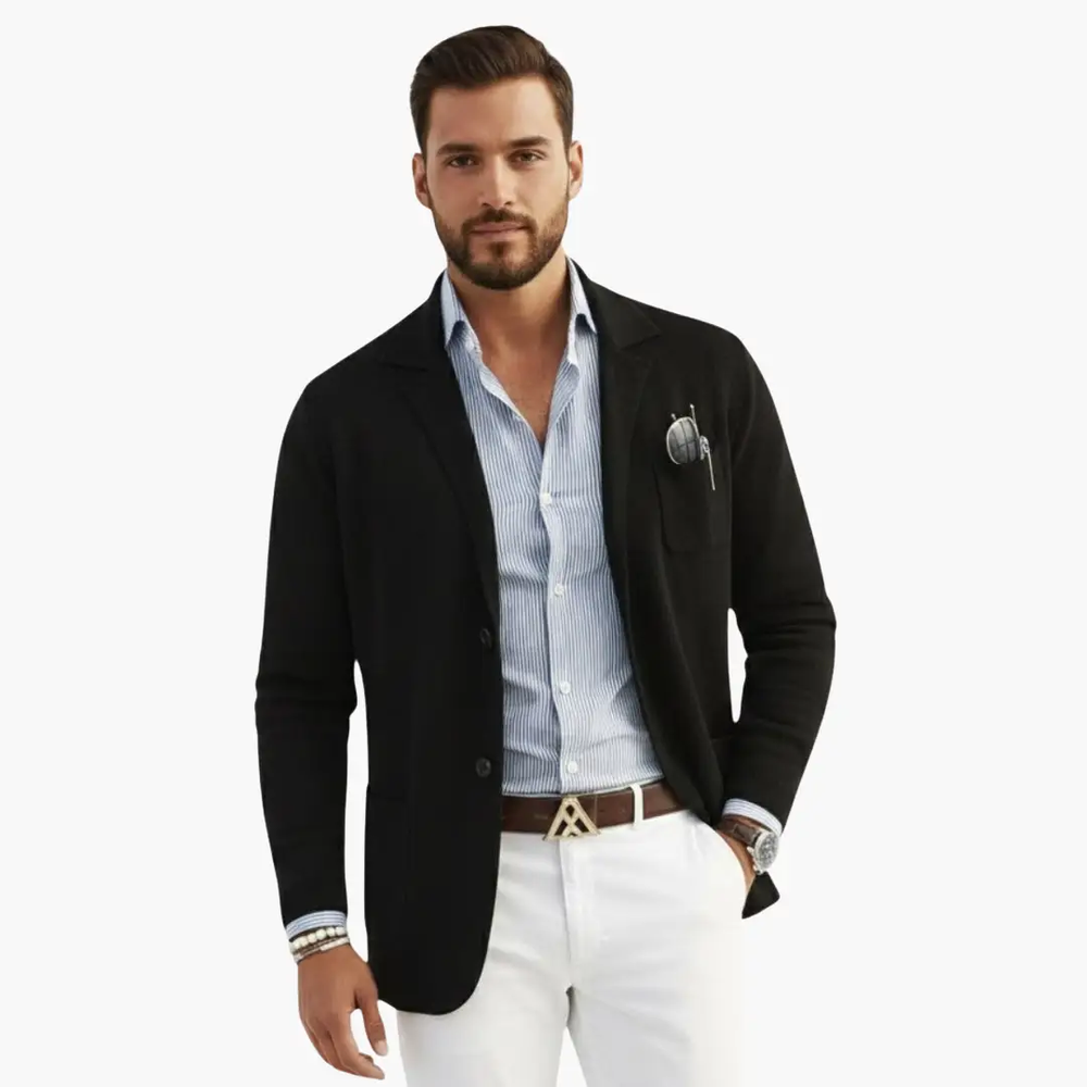 Men's Knit Blazer – Lapel Collar, Front Closure & Long Sleeve