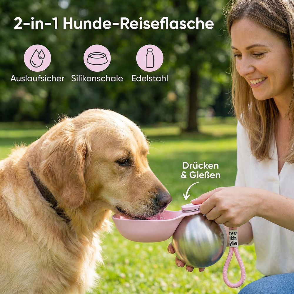 2-in-1 Dog Travel Water Bottle – Stainless Steel, Foldable Silicone Bowl & Leak-Proof