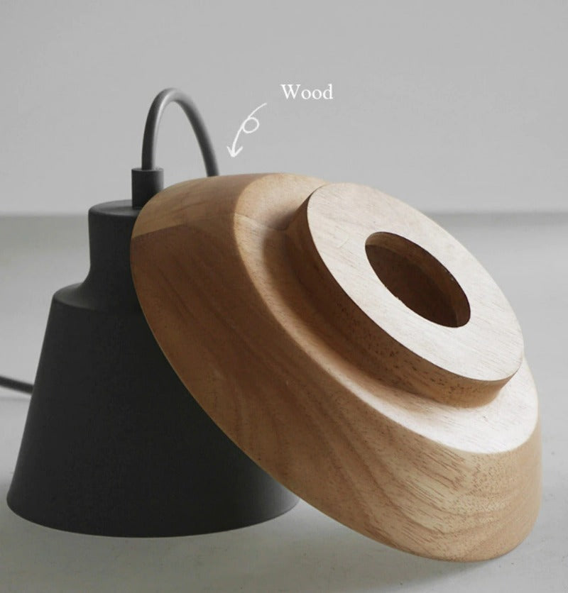 Nordic Wooden Pendant Light – Metal Shade, E27 Socket & Height-Adjustable Cable