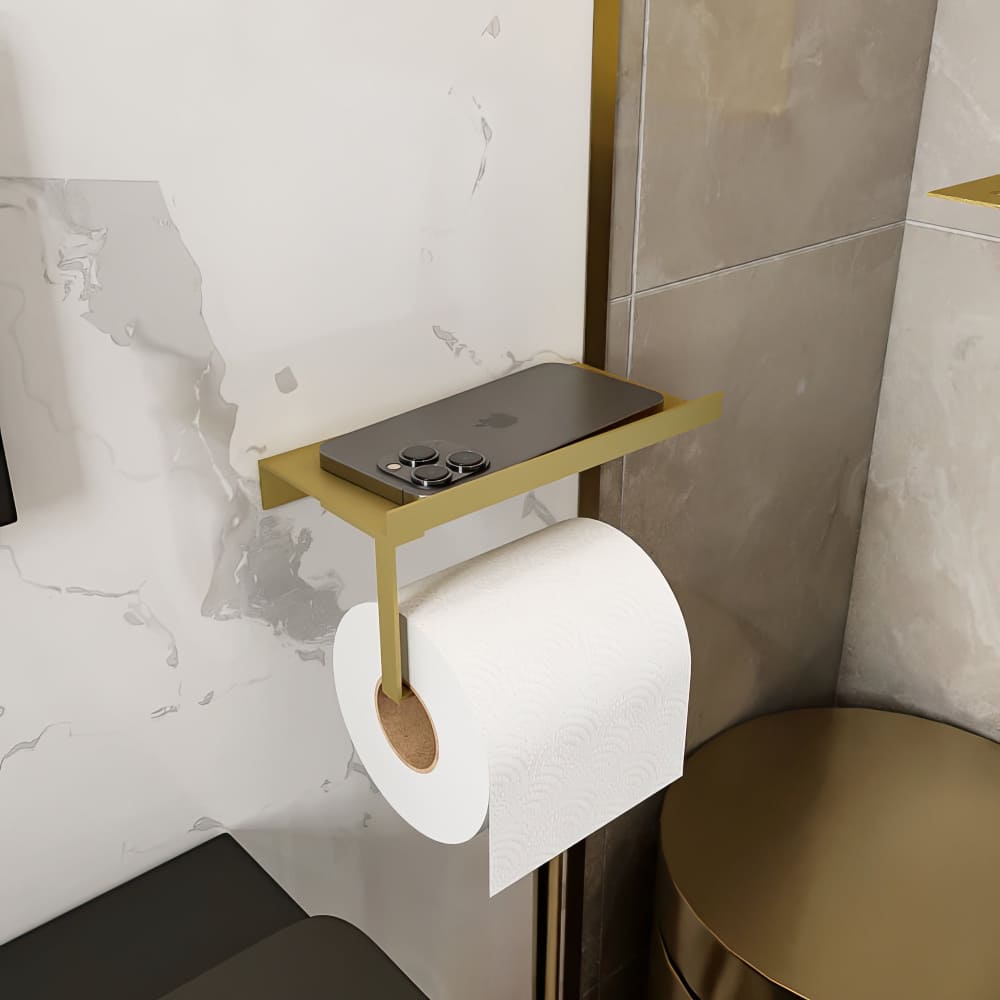 Toilet Paper Holder with Phone Shelf – Steel, 30×15×10 cm & Wall-Mounted