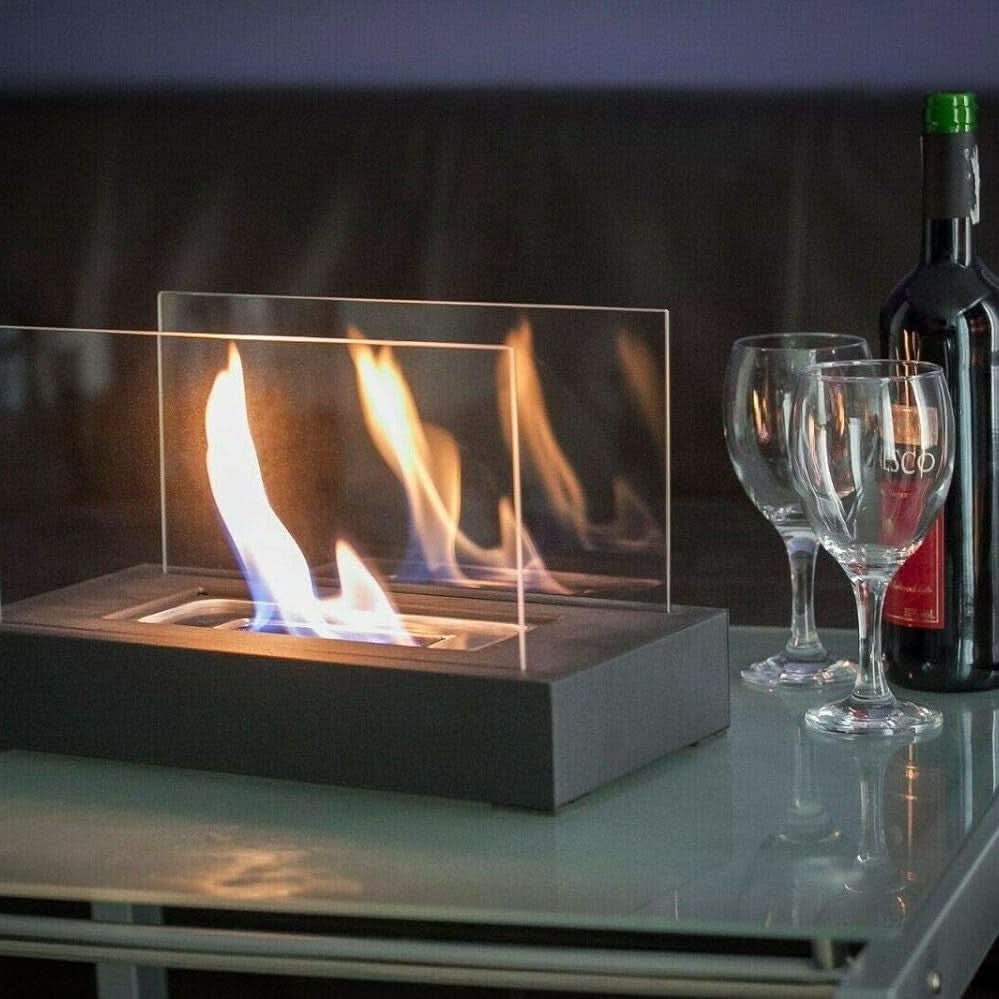 Bio-Ethanol Table Fireplace – Tempered Glass & Steel, 28×14×14 cm, Smokeless Flame