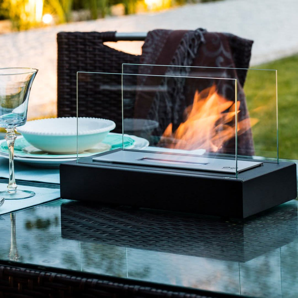 Bio-Ethanol Table Fireplace – Tempered Glass & Steel, 28×14×14 cm, Smokeless Flame