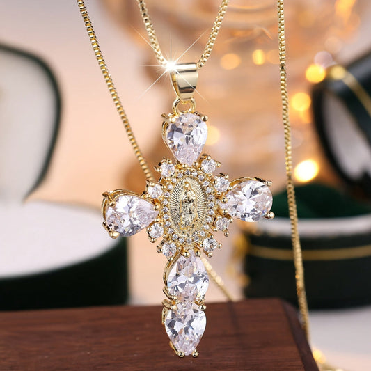 Cross Pendant Necklace – Gold Zircon Crystal, Women's Jewelry & Mother's Day Gift