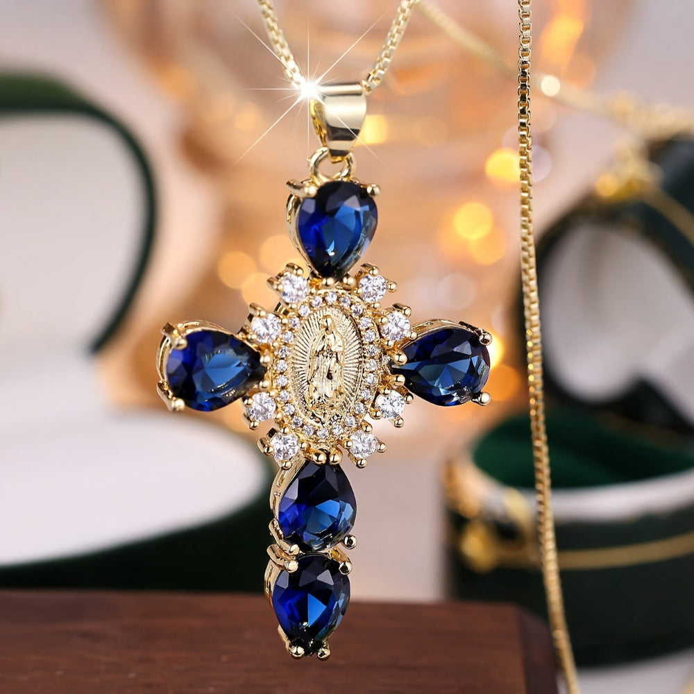 Necklace Cross Pendant Gold Cubic Zirconia Mothers Day Gift