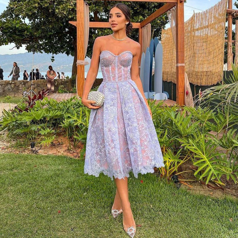Luna – Strapless Lace Corset Midi Dress