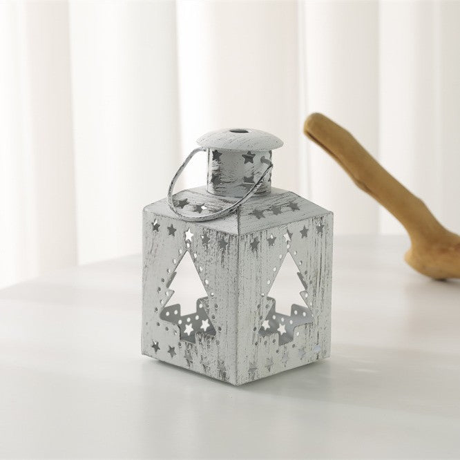Shabby-Chic Tea Light Lantern with Christmas Tree Cut-Out – White and Gold