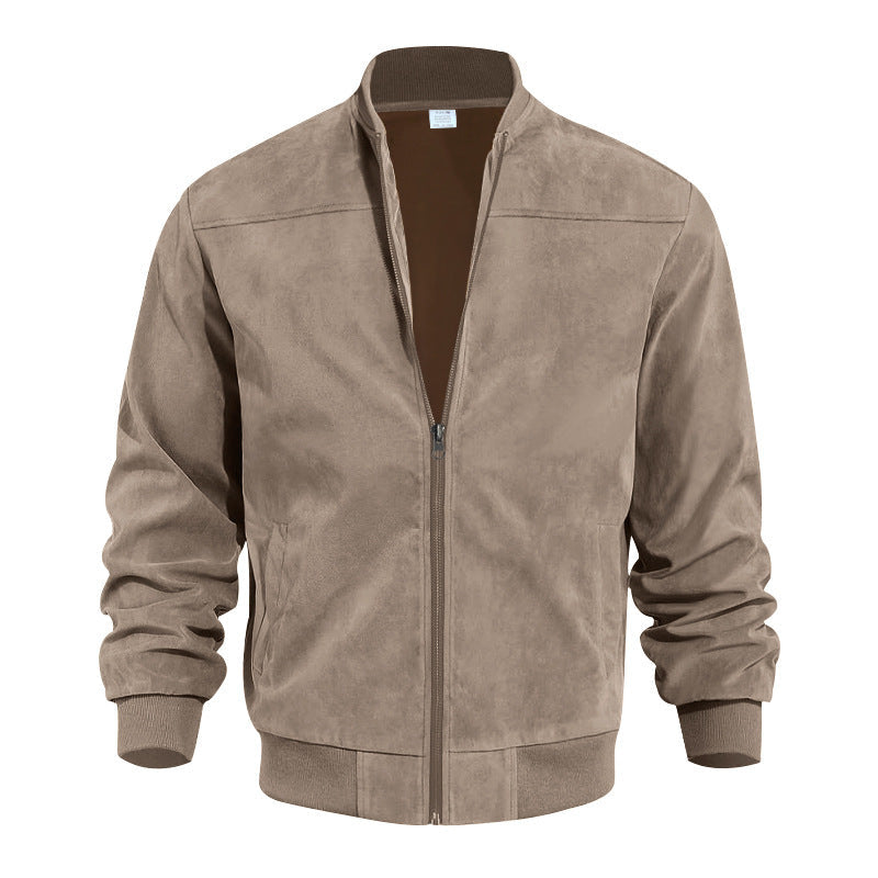 Men's Suede Bomber Jacket with Zip Front and Rib Trim