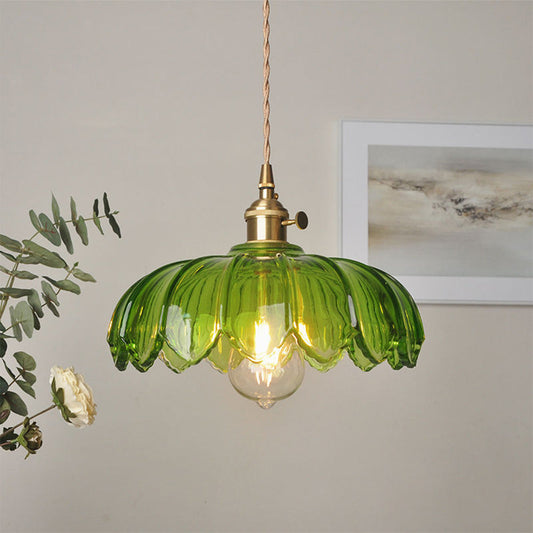 Vintage Flower Pendant Lamp – Coloured Glass, Brass Finish & Floral Design
