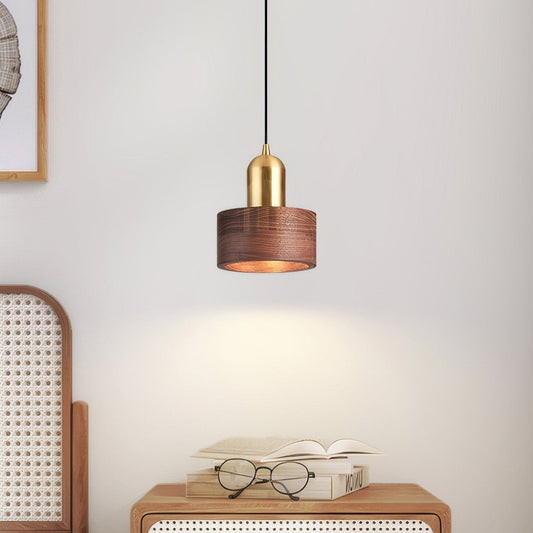 Cylinder Pendant Light – Japanese Style, Walnut and Brass & Hanging Design