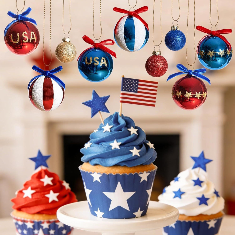 Americana Glitter Christmas Baubles Set of 12 – Red, White and Blue Ornaments
