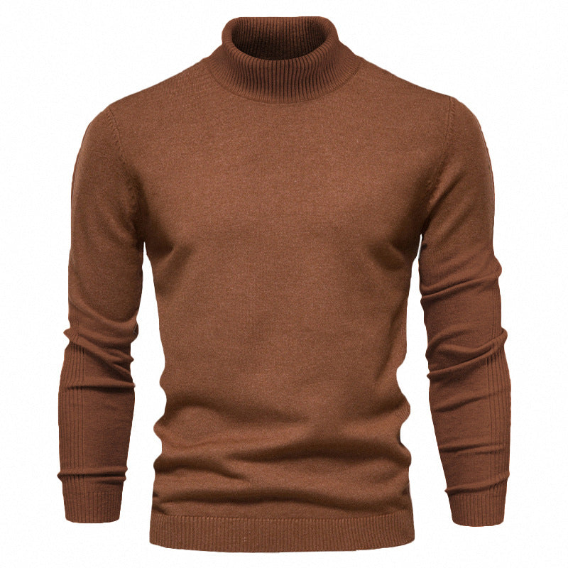 Men's Fine-Knit Turtleneck Sweater with Ribbed Collar and Hem