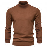 Men's Fine-Knit Turtleneck Sweater with Ribbed Collar and Hem
