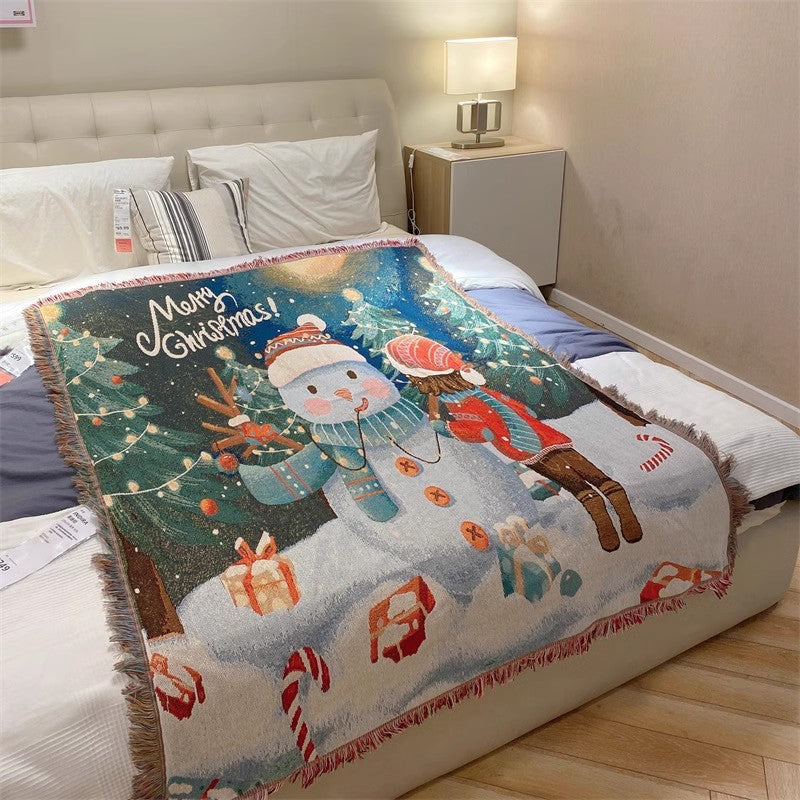 Festive Christmas Tapestry Throw Blanket – Chenille Sofa Cover