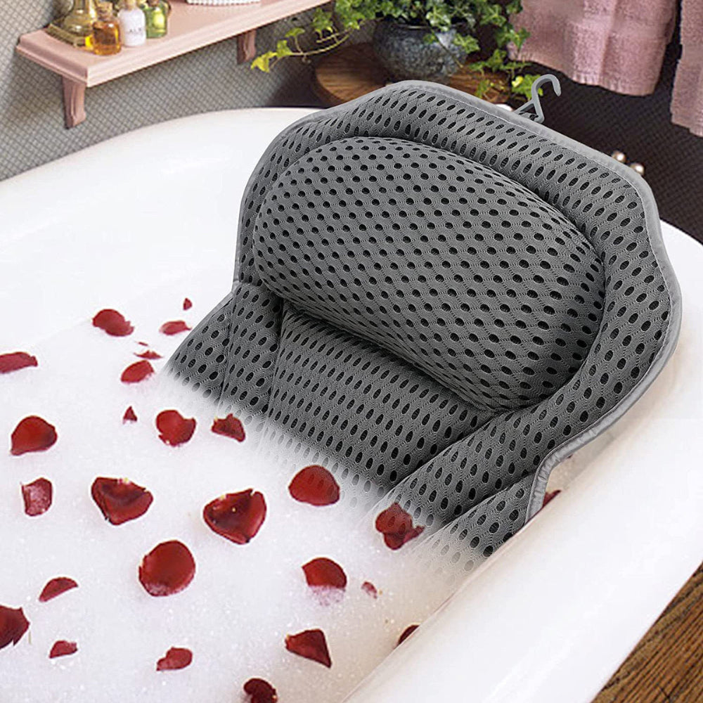 Ergonomic Bath Pillow – Neck Support, 6 Suction Cups & Breathable Mesh