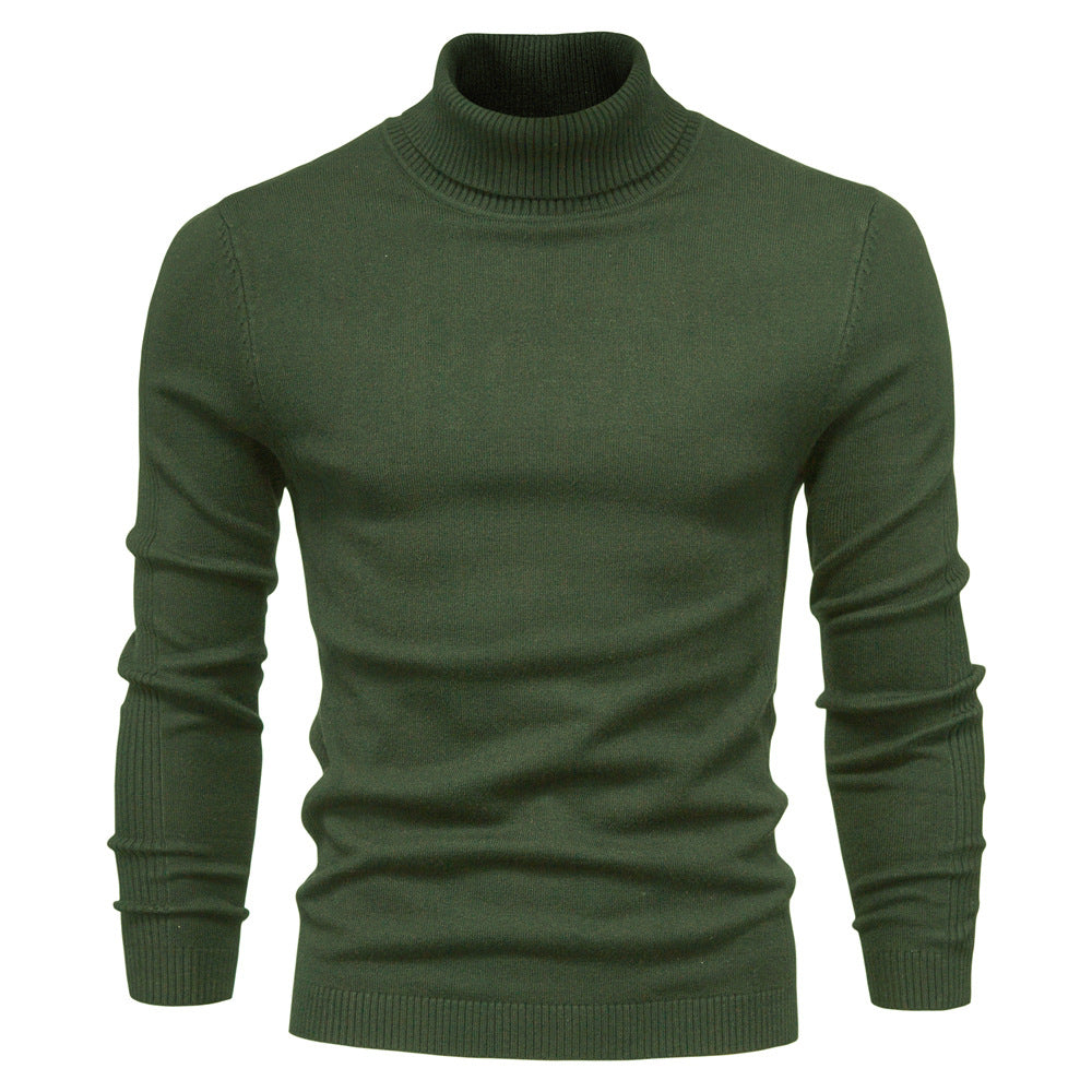Men's Fine-Knit Turtleneck Sweater with Ribbed Collar and Hem
