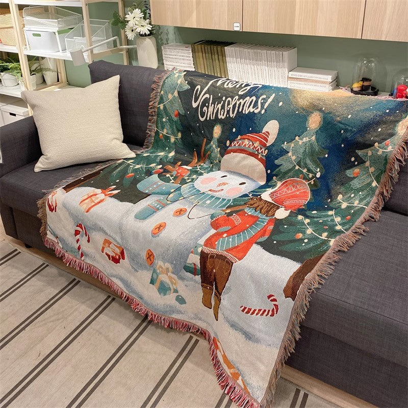 Festive Christmas Tapestry Throw Blanket – Chenille Sofa Cover