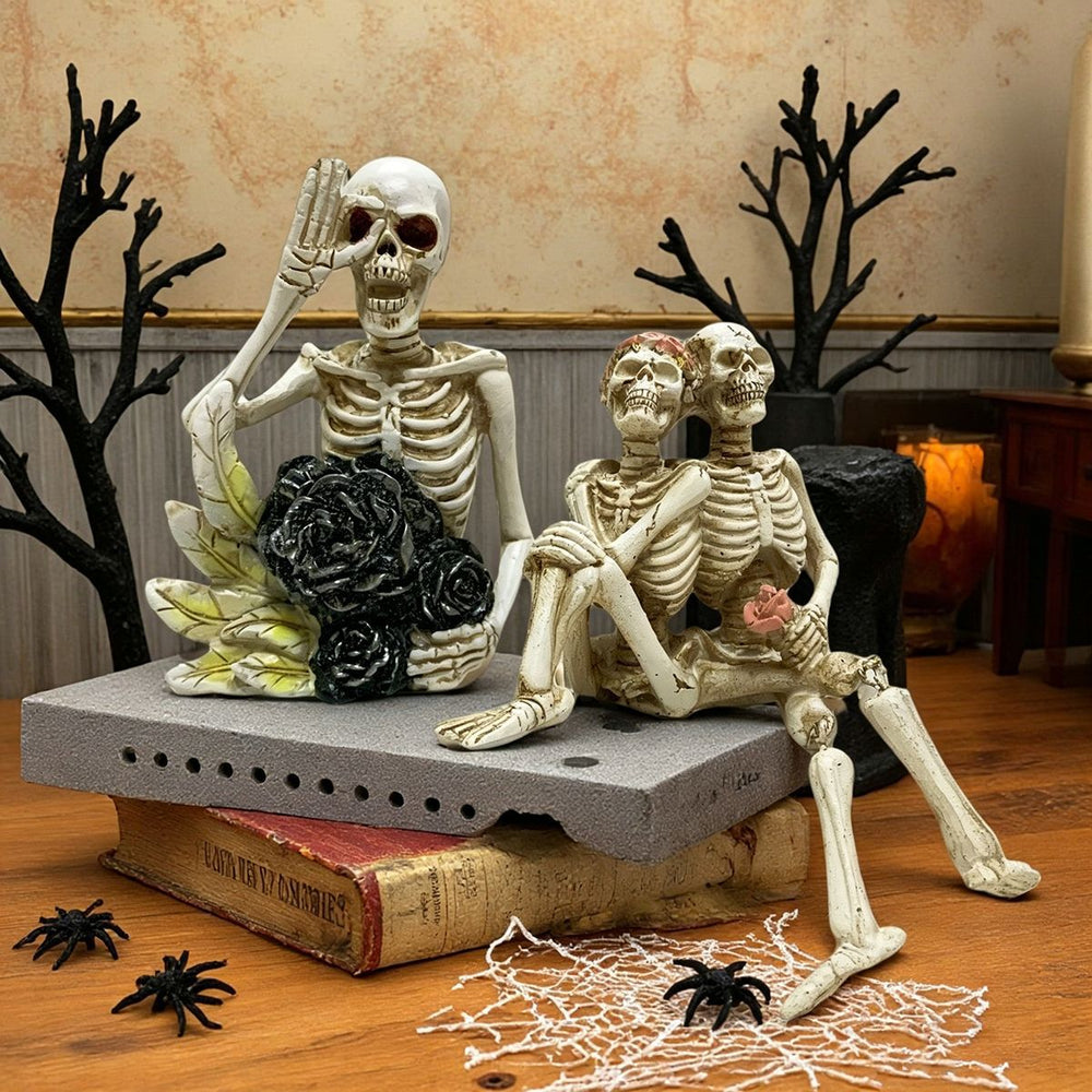 Stylish Halloween Skeleton Figure with Top Hat and Black Rose