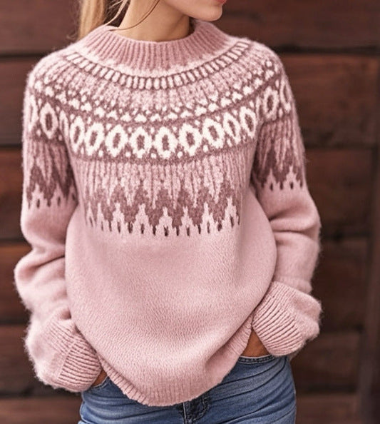 Women's Nordic Pattern Knit Sweater – High Neck, Long Sleeve & Ribbed Trim