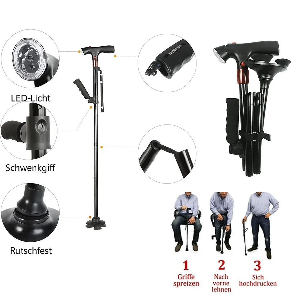 Folding Walking Cane – Height-Adjustable 86-97cm, LED Light & Alarm