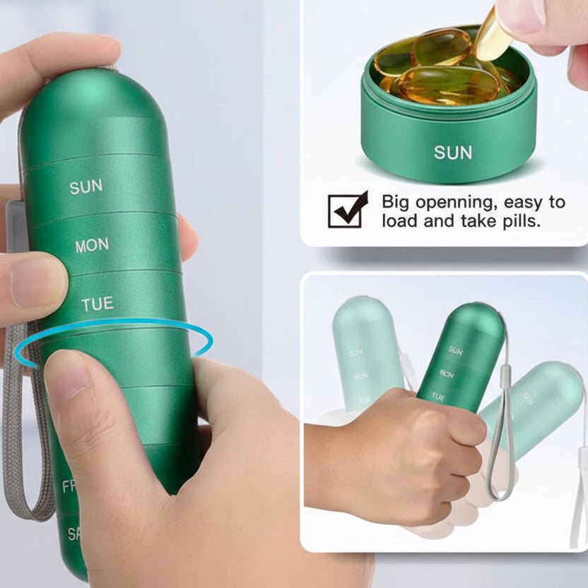 Waterproof Aluminum Pill Organizer – 7 Daily Compartments, Weekly Travel Case