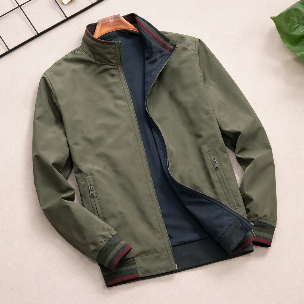 Men’s Casual Zip-Up Jacket with Stand Collar and Ribbed Cuffs