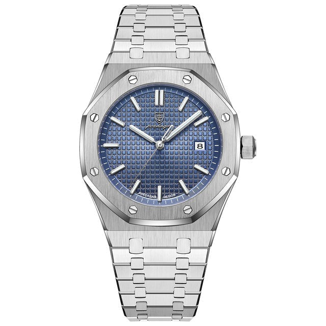 Men's Stainless Steel Watch – Textured Dial, Quartz Movement & Link Bracelet