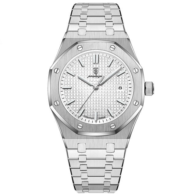 Men's Stainless Steel Watch – Textured Dial, Quartz Movement & Link Bracelet