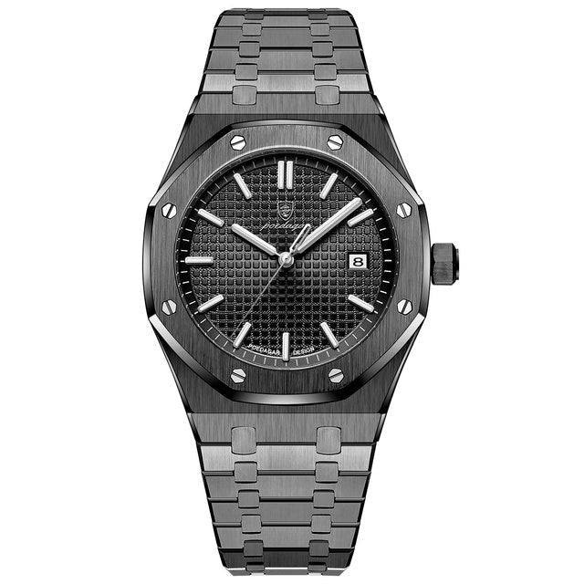 Men's Stainless Steel Watch – Textured Dial, Quartz Movement & Link Bracelet
