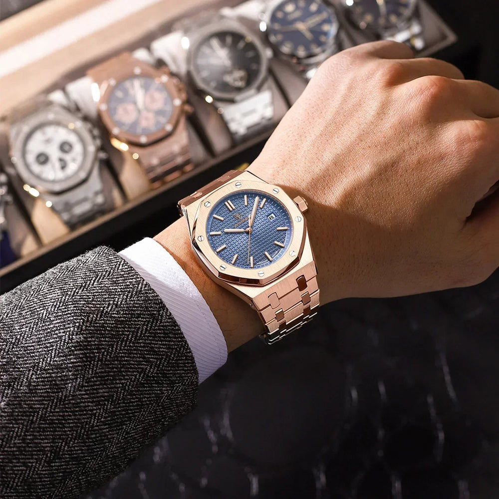 Men's Stainless Steel Watch – Textured Dial, Quartz Movement & Link Bracelet