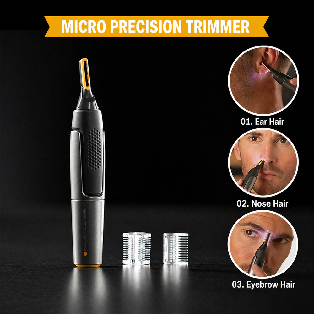 Precision Nose & Ear Trimmer – LED Light, Titanium-Coated Steel Blade & AA-Powered