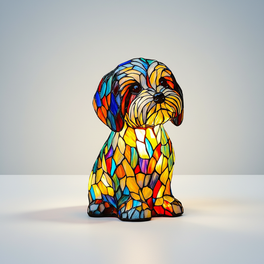 Table Lamp – Stained Glass Dog Design, LED Night Light & Resin Decor