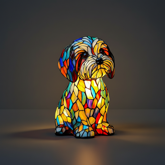 Dog Figurine Table Lamp – LED Stained Glass Night Light for Bedroom