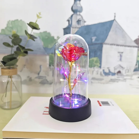 LED Rose Glass Dome Lamp – Romantic Decorative Light, Wedding Gift Ready & Battery Powered