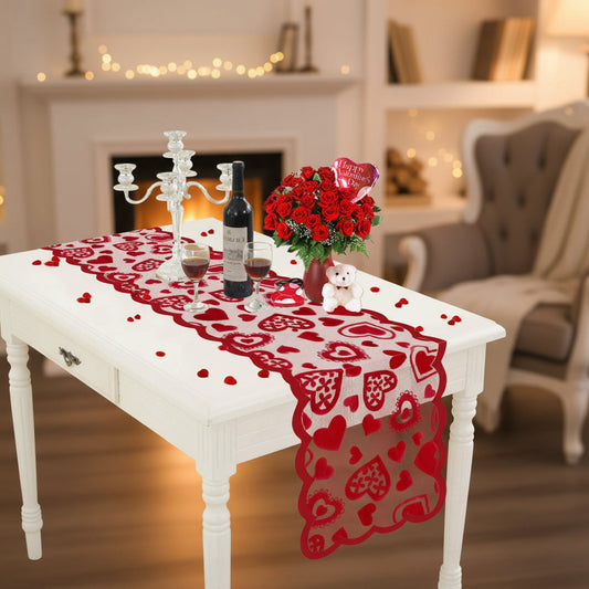 Lace Table Runner – Red Heart Pattern, Valentine Day & Dining Room Decor