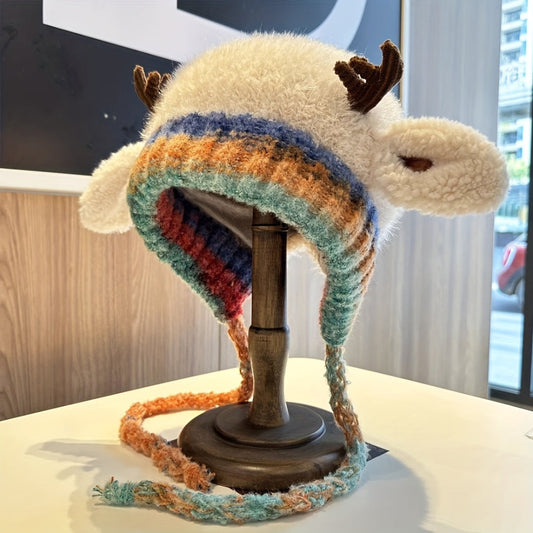 Winter Beanie Hat – Women's, Knit Reindeer &amp; Ear Flap