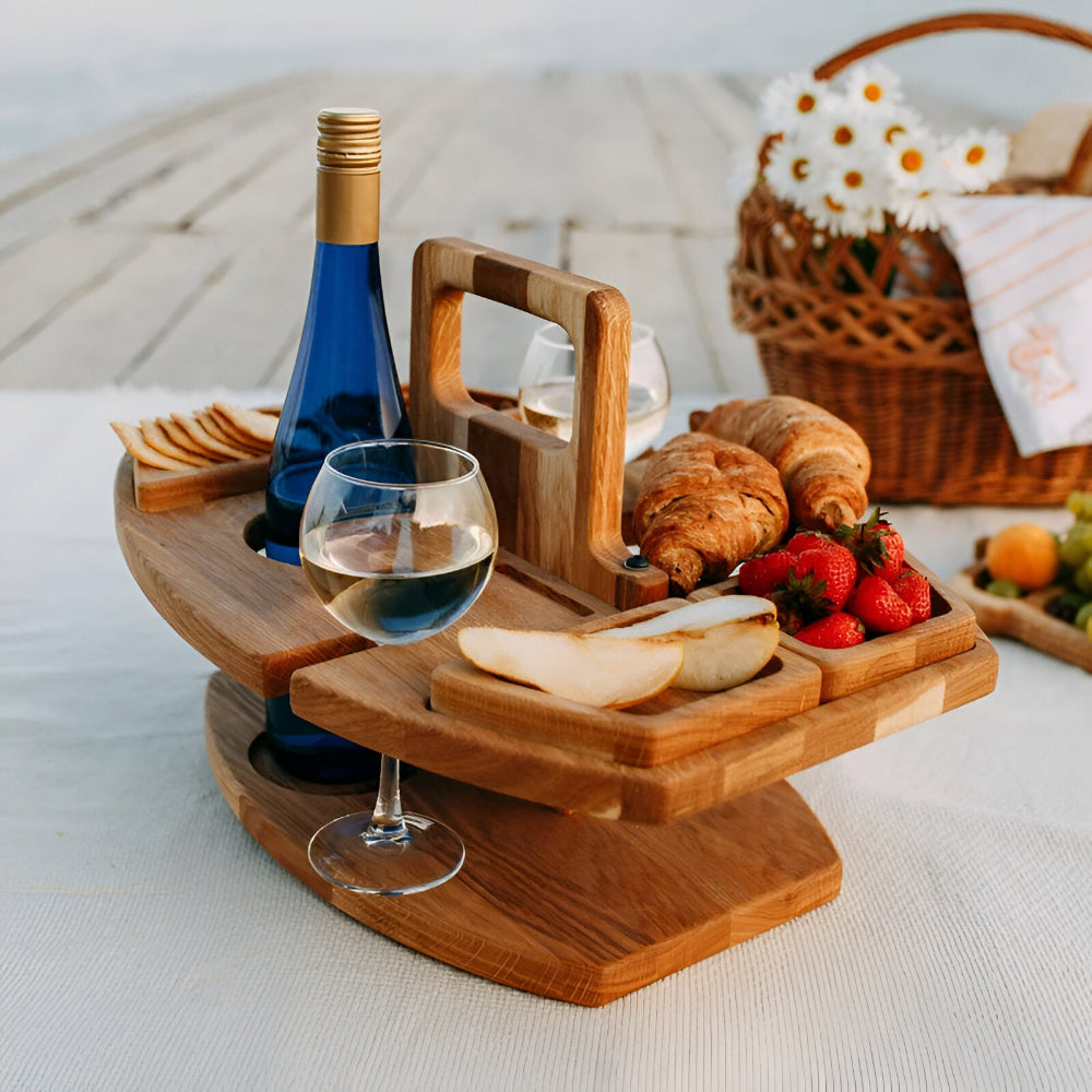 Optimized Product Title: "Klappbarer Holz-Picknicktisch mit integrierten Wein- und Snackfächern – Ideal für Garten, Camping und Ausflüge" 

This title includes relevant keywords while providing additional context to attract potential buyers.