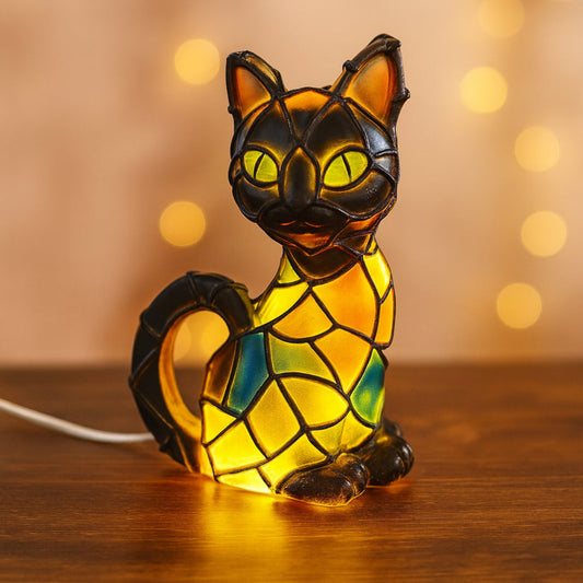 Resin Cat Table Lamp – Tiffany Style, Figurine Design & Warm Glow