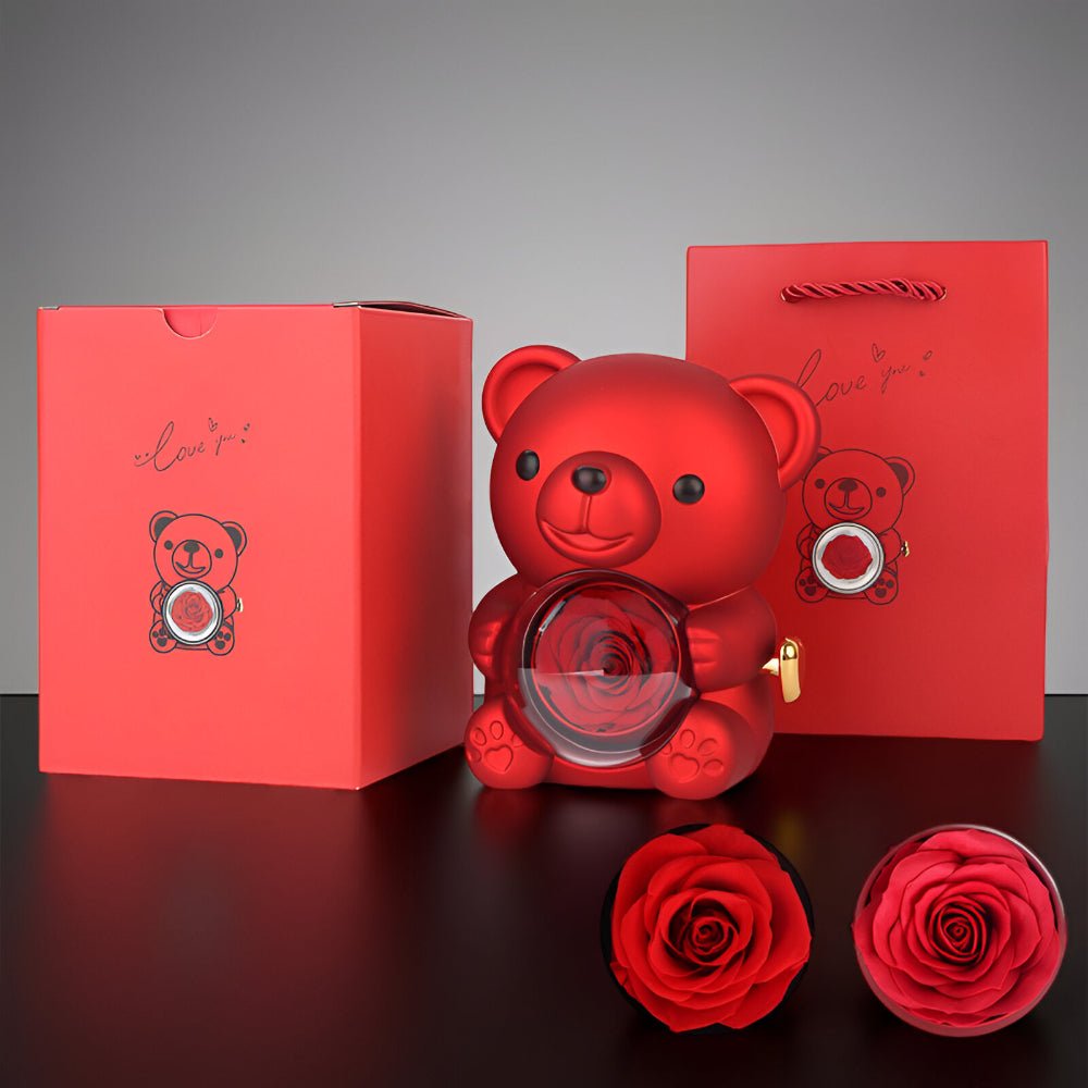 Gift Box Teddy Bear Preserved Rose Jewelry Display