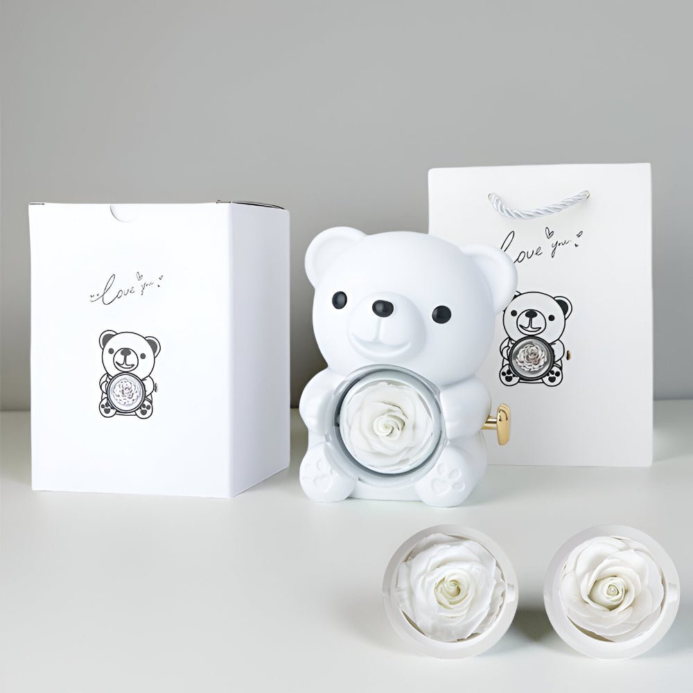 Gift Box Teddy Bear Preserved Rose Jewelry Display