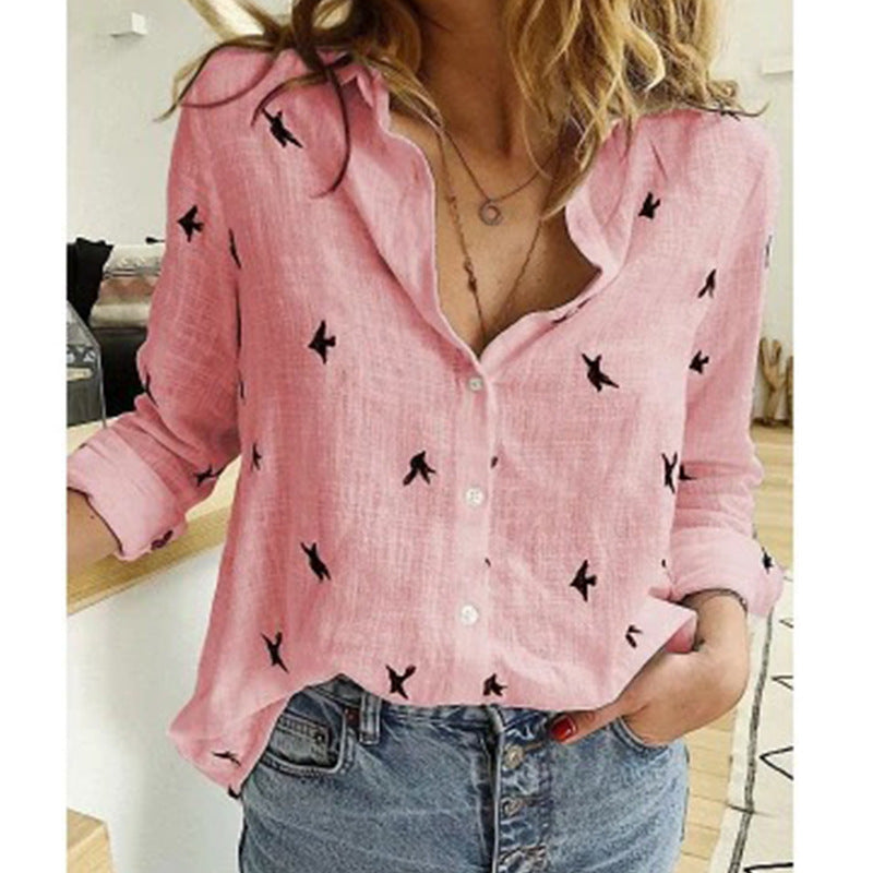 Chloë Casual Blouse - Pink with Birds