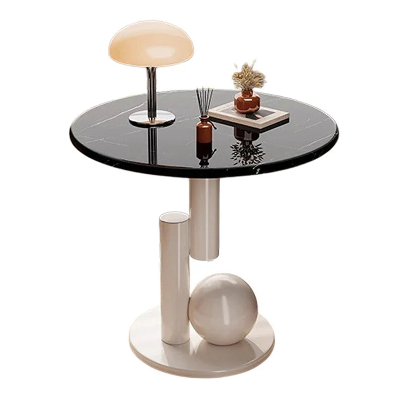 Round Side Table – Marble-Look Top, Wood Frame & Sculptural Base