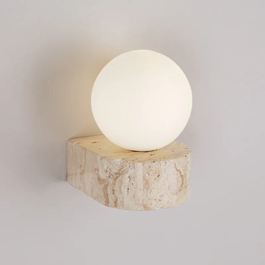 Stone Wall Lamp – Travertine Finish, Japanese-Style Design & Frosted Glass Diffuser
