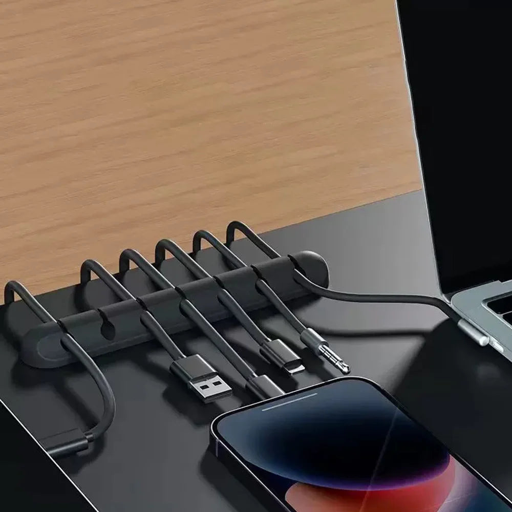 Self-Adhesive Cable Holder – Silicone, Multi-Slot & Black Desk Organizer