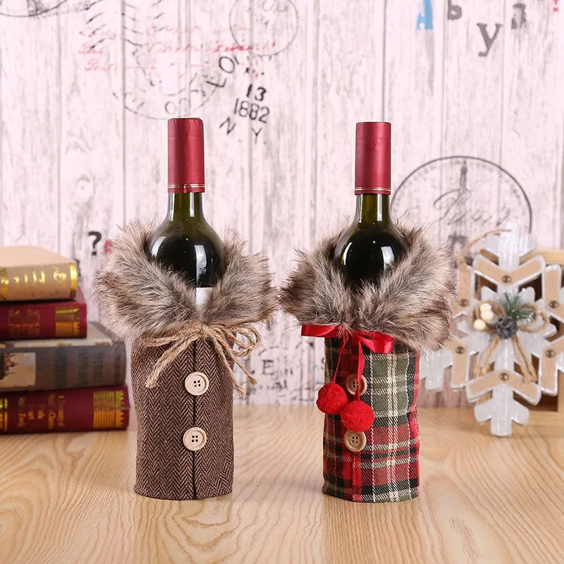 Christmas Wine Bottle Cover with Fur Collar – Santa Coat Bottle Sleeve